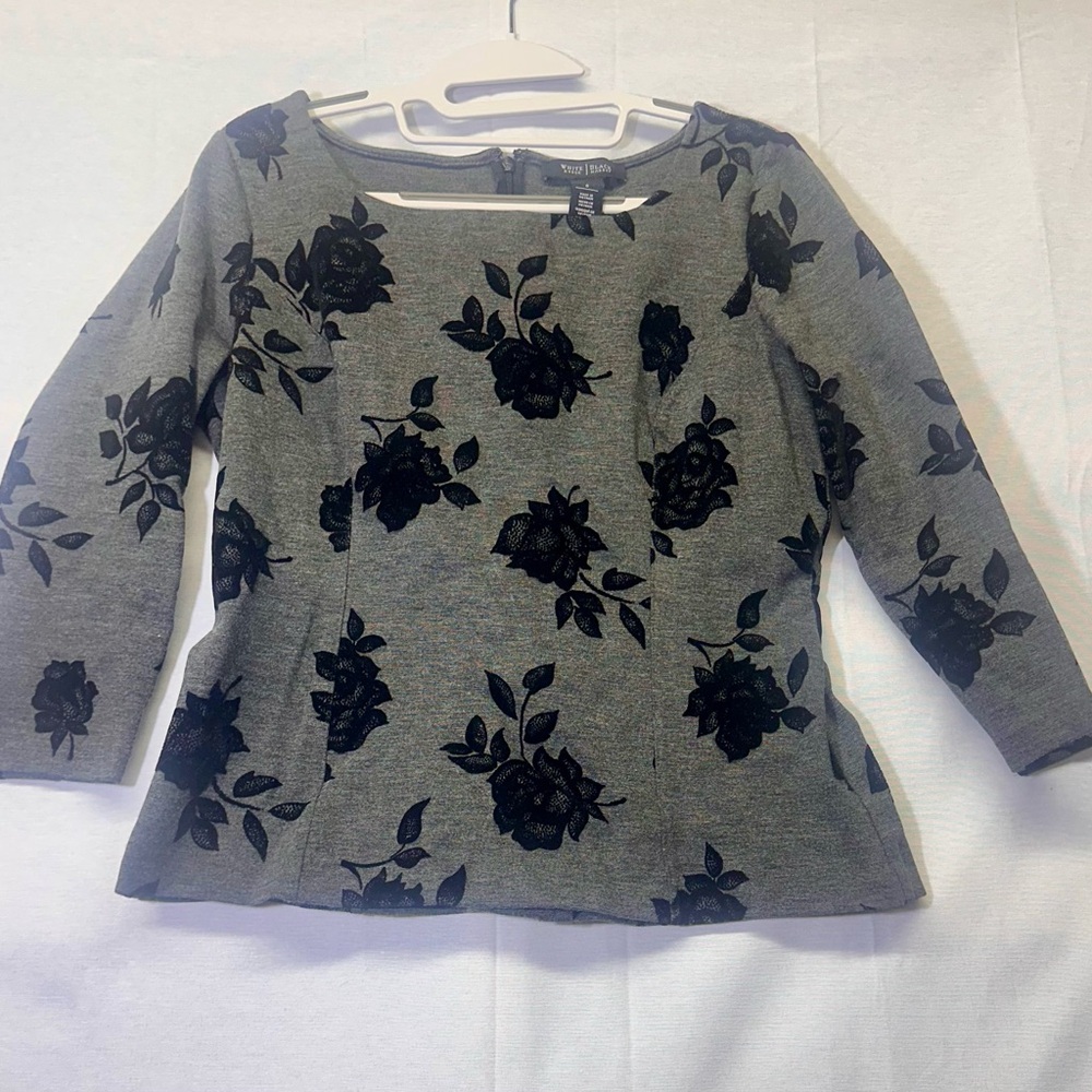 White House Black Market Gray and Black Floral Blouse size8